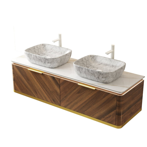 English Elm Dipa 60" Floating Bathroom Vanity With Marble Sintered Stone Top, Dual Ceramic Basins & Led Light W2615S00299