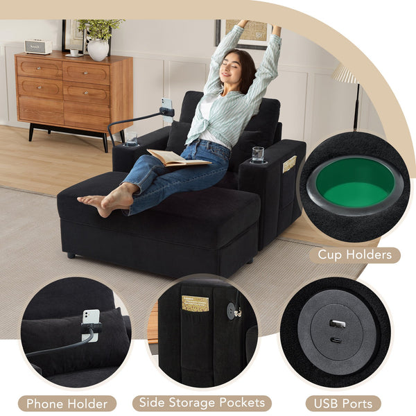 English Elm Modern Multifunctional Armchair with Chaise Lounge, Hidden Ottoman Storage, USB Ports & Cup Holders Black N719P292700B