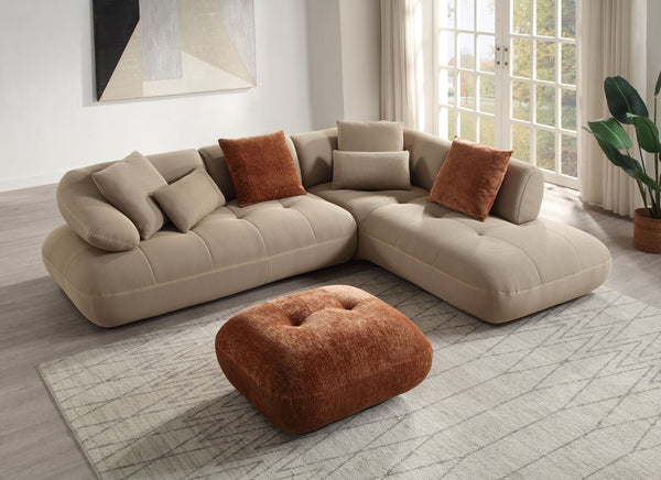 English Elm Carrick 3‑Piece Beige Sandwich Mesh Sectional Sofa with Ottoman — Chenille Accents, KD Legs, Foam Comfort B2726S00395