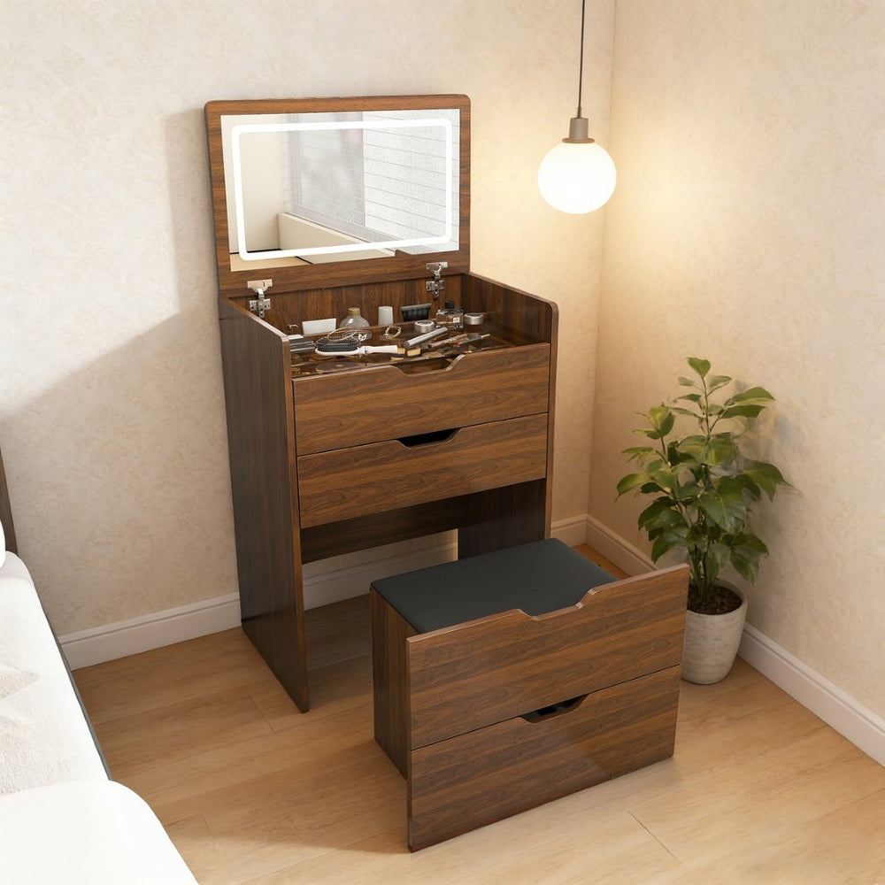 English Elm 3-in-1 Walnut Vanity Desk with Led Lighted Flip Mirror Stool Compact Bedroom Station W2699P404629