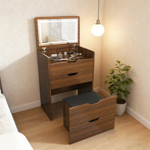 English Elm 3-in-1 Walnut Vanity Desk with Led Lighted Flip Mirror Stool Compact Bedroom Station W2699P404629