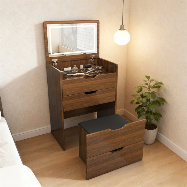 English Elm 3-in-1 Walnut Vanity Desk with Led Lighted Flip Mirror Stool Compact Bedroom Station W2699P404629