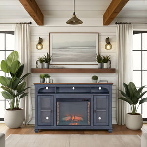 English Elm 66 Corduroy Blue Fireplace TV Stand for TVs up to 80" — Rustic Coastal 66" Console w/ Electric Fireplace, Remote, Storage and Cable Management B108P193071