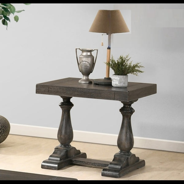 English Elm Transitional Solid Wood End Table Distressed Finish Rustic Living Room Sofa Side Gray B011P427259