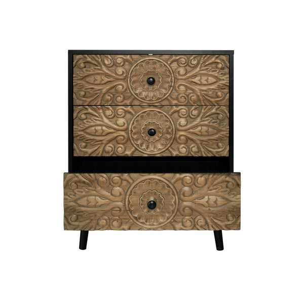 English Elm 3 Drawer Solid Wood Cabinet Hand Carved Relief Fronts Pine Feet Bedroom Storage W688138033