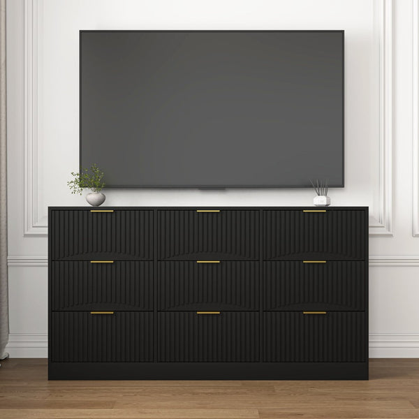 English Elm Black Nine Drawer Wide Dresser Matte Wood Chest with Wavy Relief Panels Bedroom Storage Black W409P307541