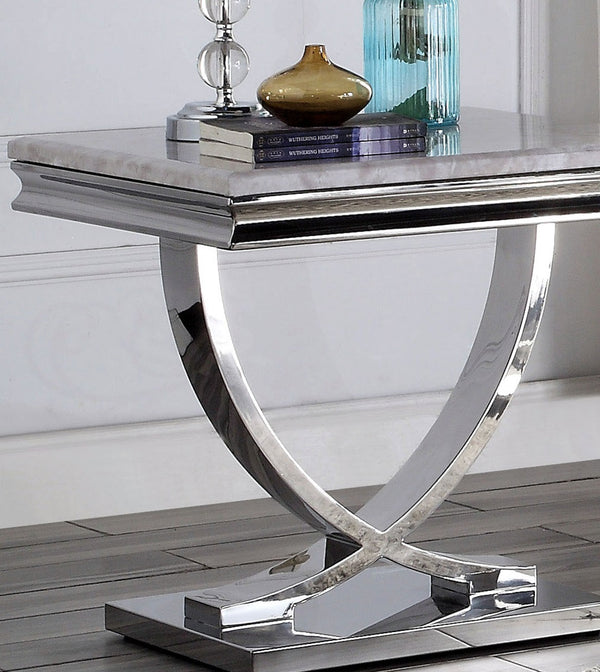 English Elm 1pc End Table Luxe Faux Marble Top with Beveled Edge, Interlocking Pedestal Base, Sleek Metal Finish, 23" Height, Elegant Accent Piece Chrome 28 L x 27 W x 4 H B2741S00431