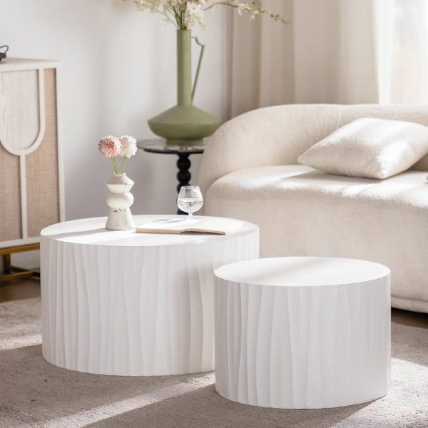 English Elm Nesting Handcrafted Relief Round Coffee Table Set of 2 — Beige MDF, Durable No-Assembly Modern Accent W3081P315304
