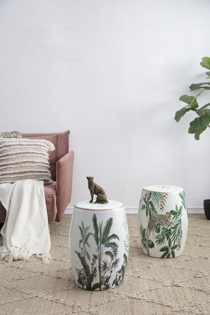 English Elm 13x13x18" Hand-painted Ceramic Stool Bohemian Jungle Motif Accent Seat or Side Table W2078P456916