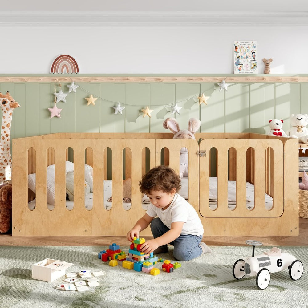English Elm Queen Solid Pine Montessori Floor Bed for Kids with House Frame and Built-in Door Natural W5305P420640
