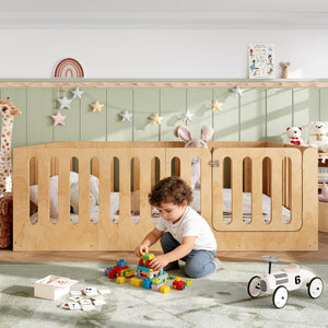 English Elm Queen Solid Pine Montessori Floor Bed for Kids with House Frame and Built-in Door Natural W5305P420640