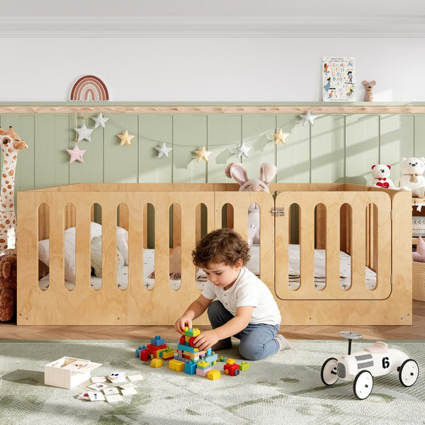 English Elm Queen Solid Pine Montessori Floor Bed for Kids with House Frame and Built-in Door Natural W5305P420640