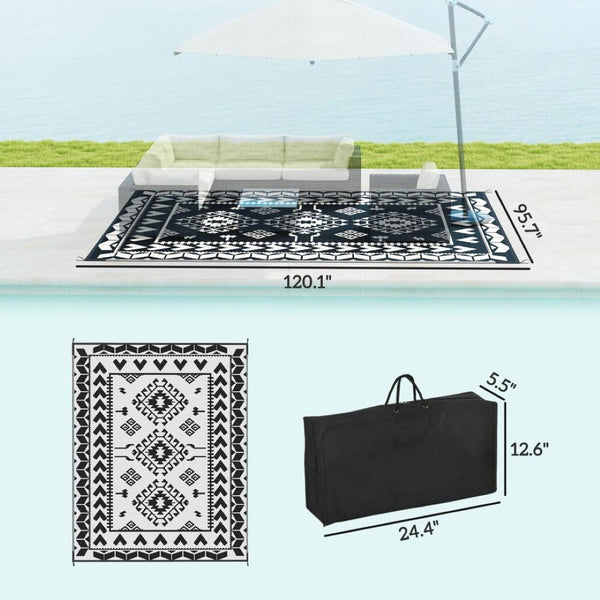 English Elm Patio Reversible Polypropylene Flatweave Rug Foldable Geometric Black White Outdoor Mat T3971P421603