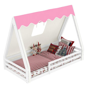 English Elm Twin Montessori Floor Bed Solid Pine Teepee Frame with Guardrails and Canopy Light W1580P369465