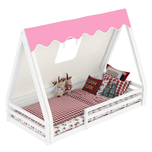 English Elm Twin Montessori Floor Bed Solid Pine Teepee Frame with Guardrails and Canopy Light W1580P369465