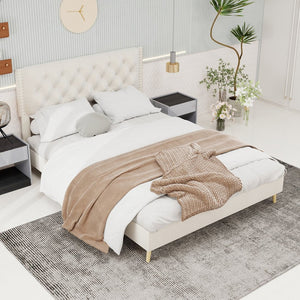 English Elm Velvet Tufted Queen Platform Bed Diamond Headboard for Elegant Master Bedroom W1935P361008