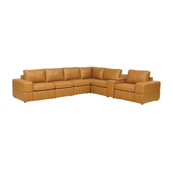 English Elm Premium Leather Match Sectional with Dual Recliners Square Arms and Console Storage Ginger B2748S00136
