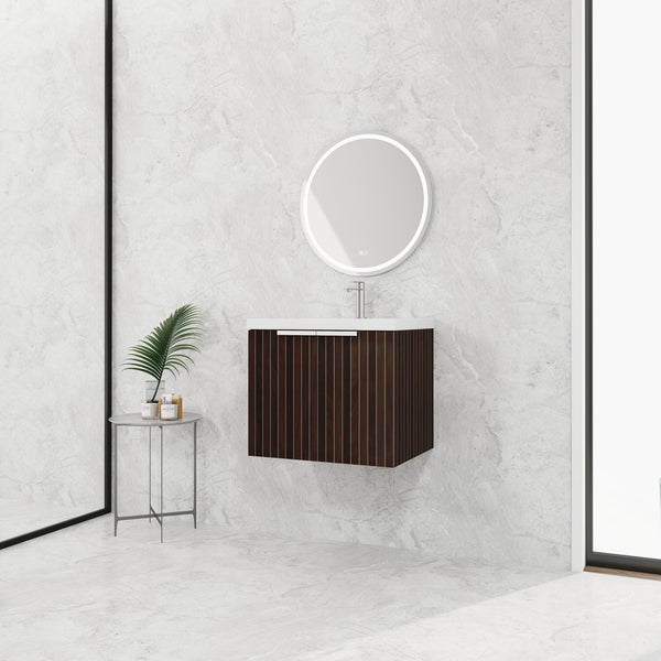 English Elm 24 Inch Silver-Brown Stripe Wall-Mounted Vanity with Resin Sink, Soft-Close Doors & Ample Storage W999P204936