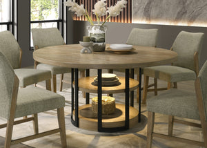 English Elm Elena 7 Piece Round Oak Dining Set with Led Base Shelving and Linen Chairs B2749S00308