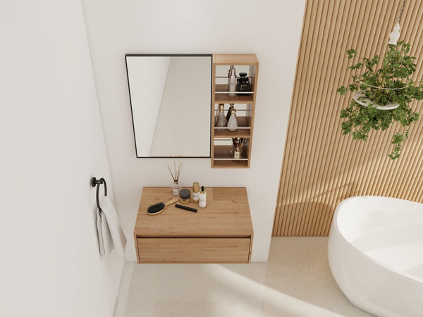 English Elm 30'' Wall Mounted Vanity Mirror Cabinet Black Aluminum Frame Open Shelf Bathroom W999S00537
