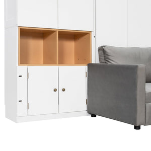 English Elm Queen Murphy Wall Bed with Velvet Sofa Built in Shelves Cabinets and Reading Lights White LP000393AAK