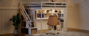 English Elm Full Loft Bed with Integrated Wardrobe Desk Shelving and Led Lighting for Teen Rooms Beige LT000927AAA