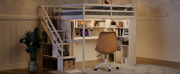 English Elm Full Loft Bed with Integrated Wardrobe Desk Shelving and Led Lighting for Teen Rooms Beige LT000927AAA