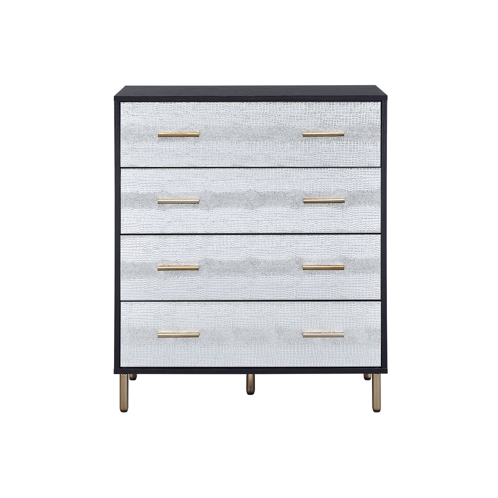 English Elm Black Black and Silver 4-Drawer Chest with Gold Legs Champagne Faux Crocodile Fronts Elegant Storage B062P209044