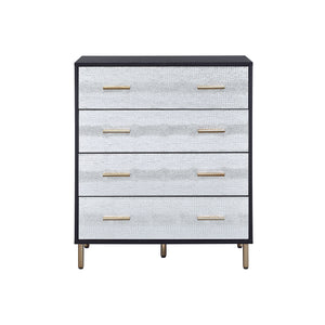 English Elm Black Black and Silver 4-Drawer Chest with Gold Legs Champagne Faux Crocodile Fronts Elegant Storage B062P209044