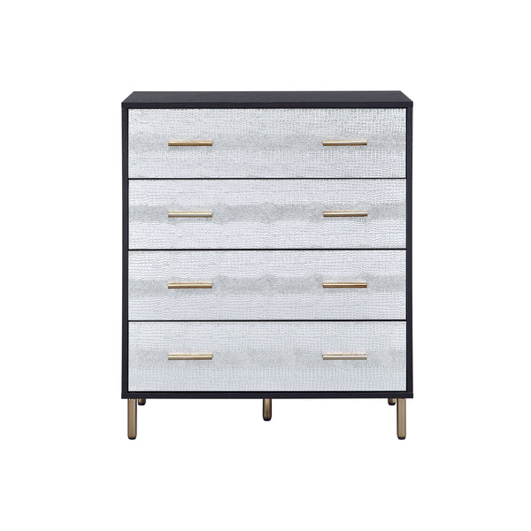 English Elm Black Black and Silver 4-Drawer Chest with Gold Legs Champagne Faux Crocodile Fronts Elegant Storage B062P209044