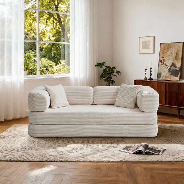 English Elm Floor Floor Couch Convertible 5-in-1 Corduroy Sofa Bed with Pillow-to-Blanket, Reinforced Frame Cream W3565P354961