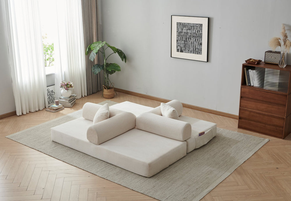 English Elm 78.8" Corduroy Modular Floor Sofa Convertible Sleeper Futon with Pillow Back Support Off White W5617P458132
