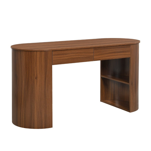 English Elm Storage Writing Desk with Curved Base Open Shelves and Drawers for Home Office Dark Walnut N757P306285D