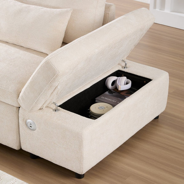 English Elm [video]107'' Chenille Sleeper Sectional with Usb Charging Storage Ottoman and Adjustable Armrest Beige N723S8782A
