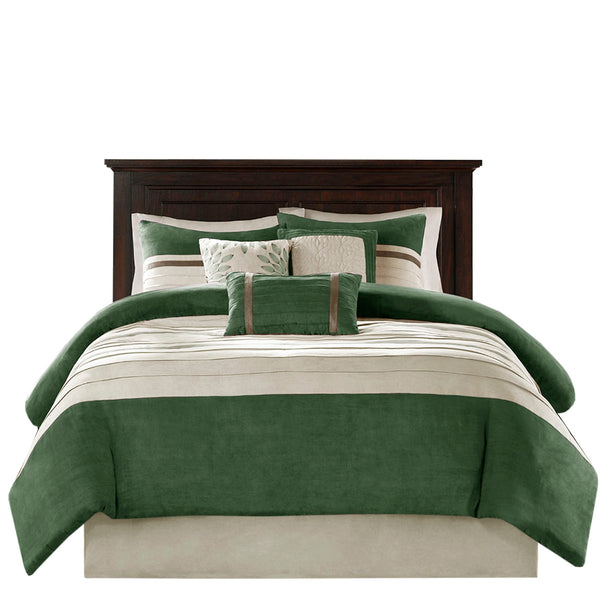 English Elm 7 PC Madison Park Palmer Faux Suede Comforter Set Cal King Green Beige Pieced Microsuede Design, Embroidered Pillows, Bedskirt, Machine Washable B03597221