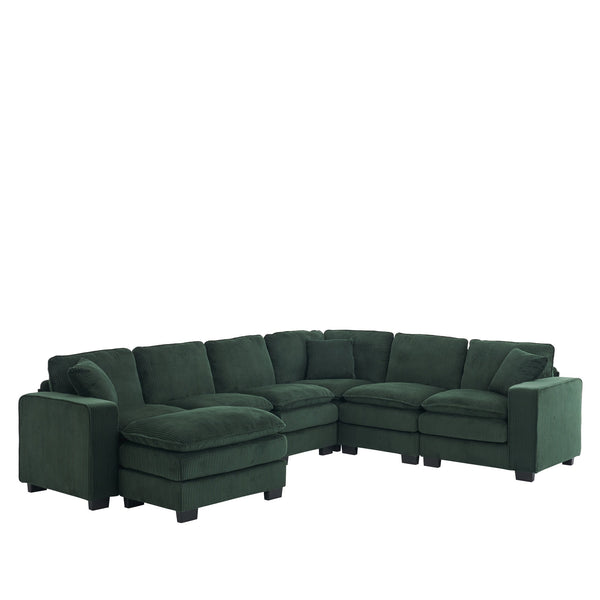 English Elm Modern U Shaped 6-Seat Sectional Sofa with Ottoman and 3 Toss Pillows, Corduroy Modular Comfort and Durable Frame Green W2363S00042