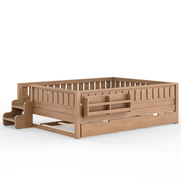 English Elm Queen Bunk Bed with Trundle Solid Pine Kids Car Themed Frame Built-in Bookshelf Natural W1580S00564