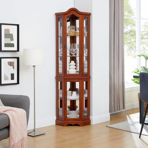 English Elm Corner Curio Display Cabinet with Mirrored Back, Interior Lighting, Adjustable Glass Shelves, Elegant Finish Walnut W1693P171662