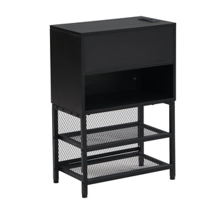 English Elm Full Metal Platform Bed With Stylish Two-Tier Storage Shelves & Cozy Upholstered Headboard, Black N737P199334B