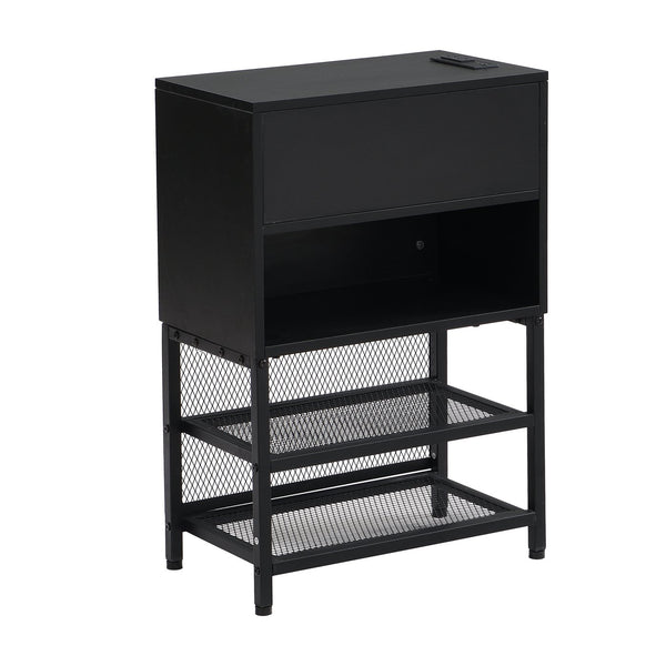 English Elm Full Metal Platform Bed With Stylish Two-Tier Storage Shelves & Cozy Upholstered Headboard, Black N737P199334B