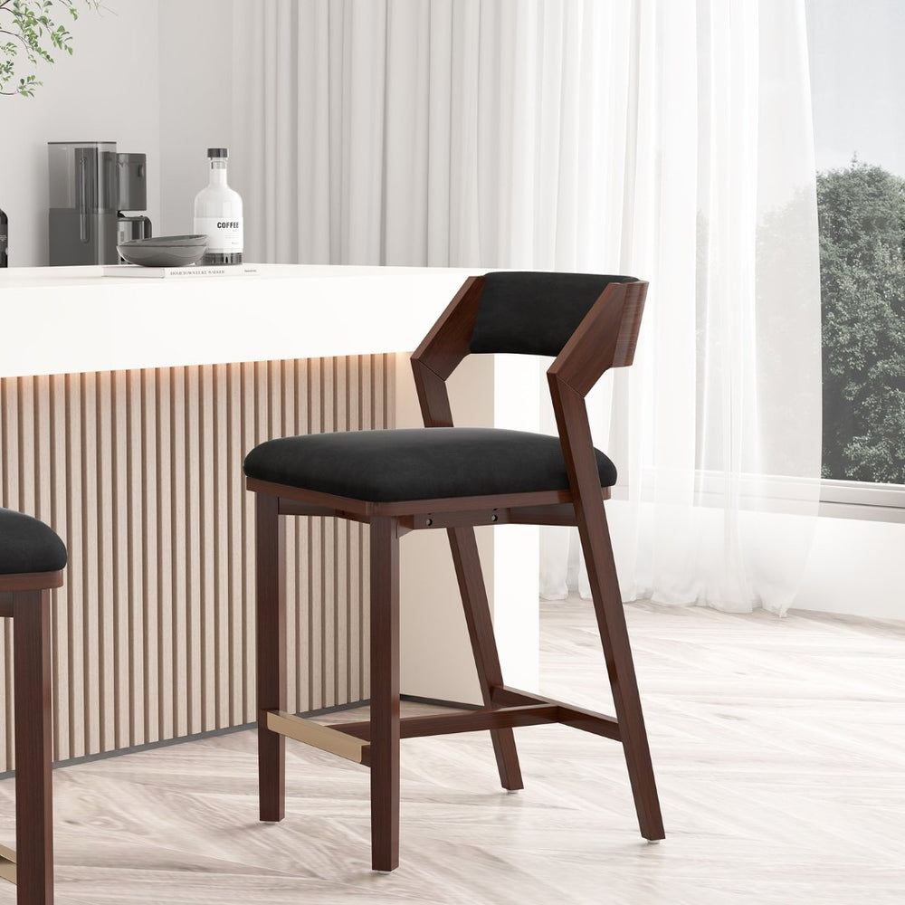 English Elm Counter Stool Velvet Upholstered Walnut Frame with Gold Footrest for Kitchen Bar B365P398016
