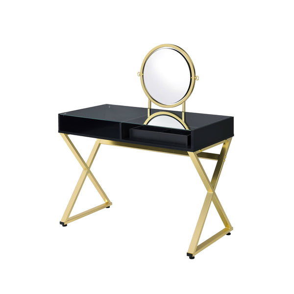 English Elm Coleen Black & Gold Vanity Desk with Mirror and Jewelry Tray — Metal Frame, 2 Drawers, Chic Storage B2726P315736