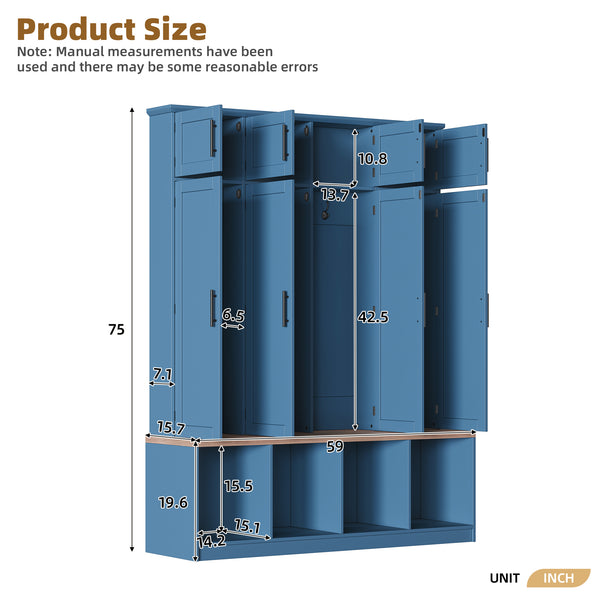 English Elm [Assembly Video] Farmhouse Hall Tree with Walnut Bench, 8-Door Shoe Cabinet, 4 Hooks & Open Storage Organizing Entryway Blue N721S000059C