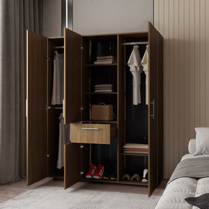 English Elm Armoire Elma Macadamia Beige – Engineered Wood Storage: Drawer, 2 Rods, 3 Shelves, 6-Leg Stability B092S00271