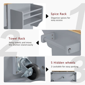 English Elm K&K Vintage Kitchen Island with Rubberwood Top, Hidden Wheels, Pull-Out Trash & Charging Station Grey+Blue N707P299014G