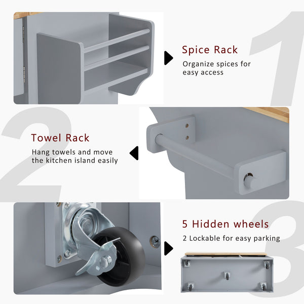 English Elm K&K Vintage Kitchen Island with Rubberwood Top, Hidden Wheels, Pull-Out Trash & Charging Station Grey+Blue N707P299014G