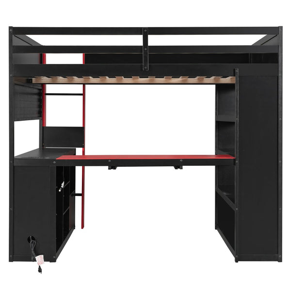 English Elm Full Size Gaming Loft Bed with Desk Rgb Lighting Power Outlet and Storage Drawer Red LT000285AAJ
