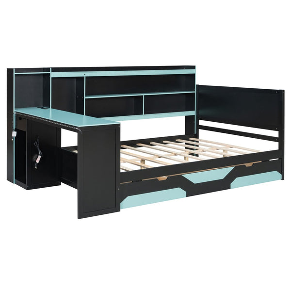 English Elm Full Size Gaming Bed Frame with Desk Led Lights Storage Drawers and Charging Station Black+Blue LP000289AAC