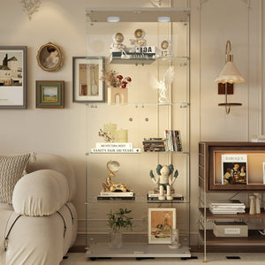 English Elm Tempered Glass Display Cabinet With Paipai Lighting & Locks, Adjustable Feet For Uneven Floors, White W3155S00022-GIGA