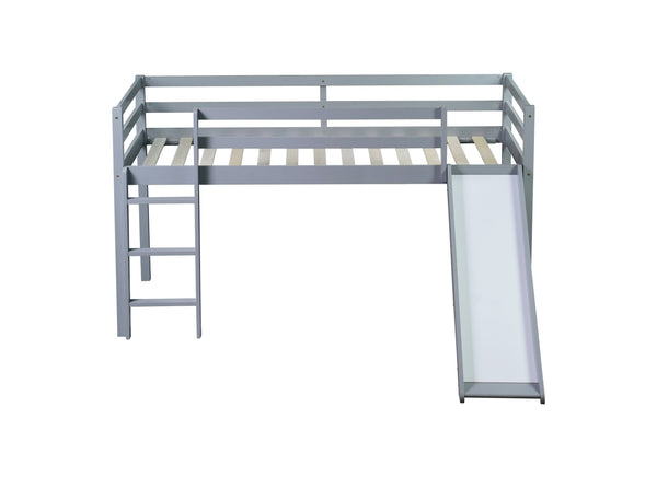 English Elm Twin Low Loft Bed with Slide and Ladder for Kids, Rubberwood Frame, Safety Guardrails & Playspace Grey W504P218522